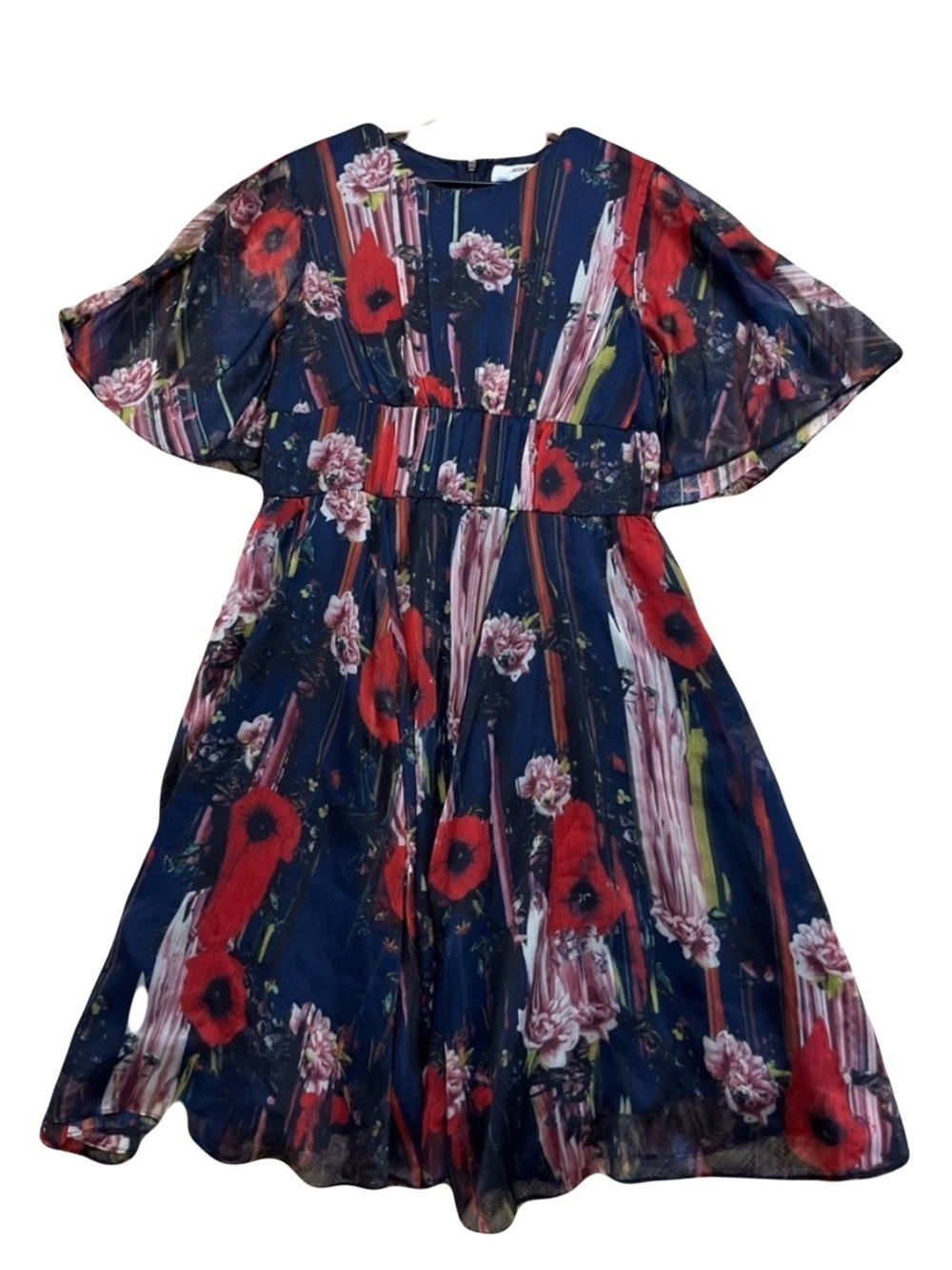 Jason Wu Dress Floral Flutter Sleeve Navy Watercolor Print Romantic Designer